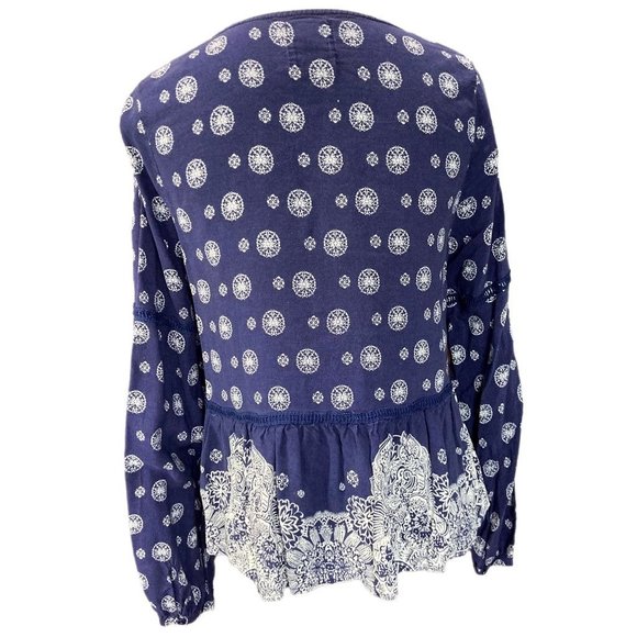 Wild Blue Sadie Robertson Navy Blouse Boho Long Sleeve Pleated Peplum M B38 - Picture 3 of 7